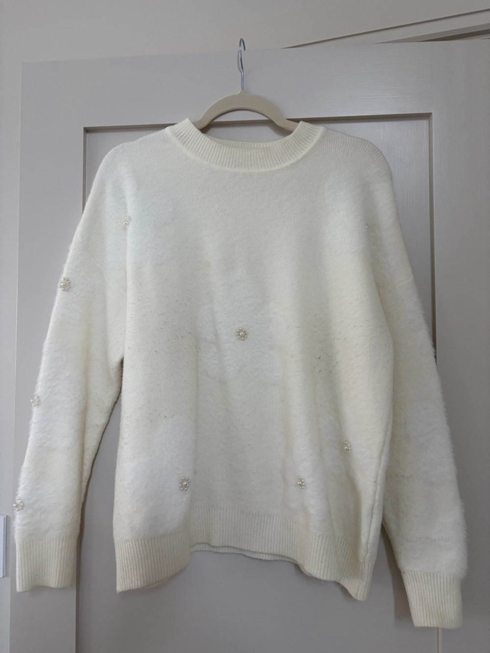 Nanette Lepore Ivory Crewneck Sweater with Pearl Cluster Details